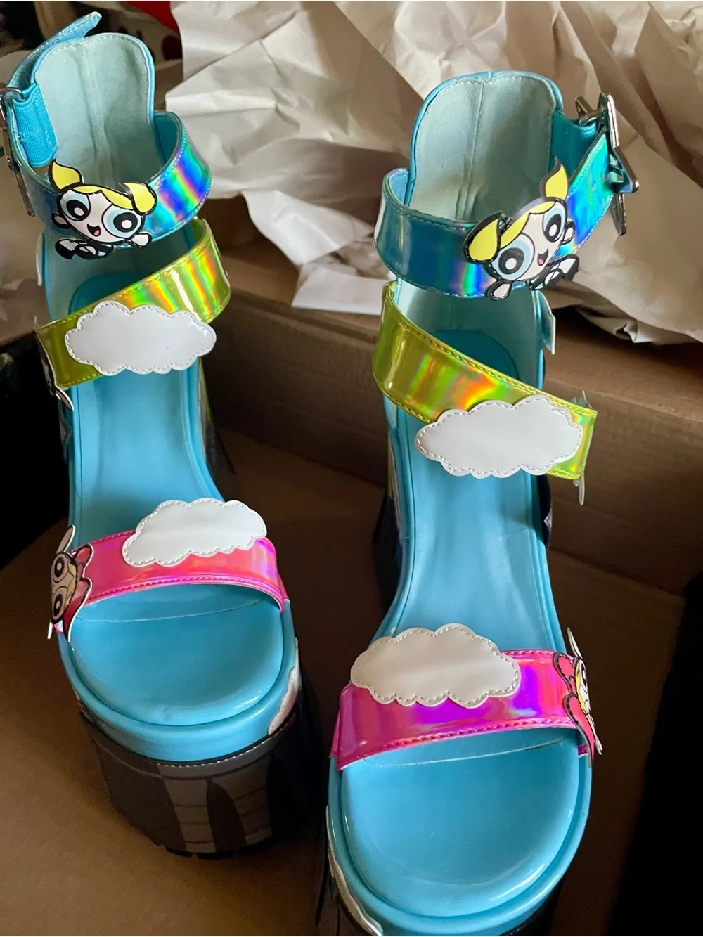 Dolls Kill The Powerpuff Girls Blue Holographic Platform Sandals size 8 NEW